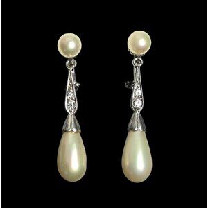 VTG Sterling Silver Drop Earrings Faux Tear Pearl Elegant Dangle Clip-On Formal